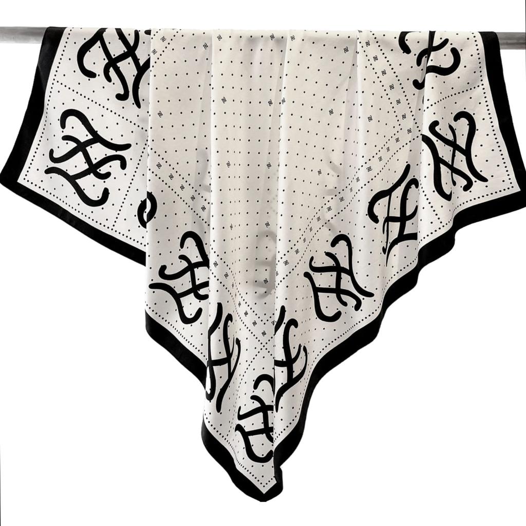 Cream Scarf with Black Monogram 90X90 - Retro Elegance