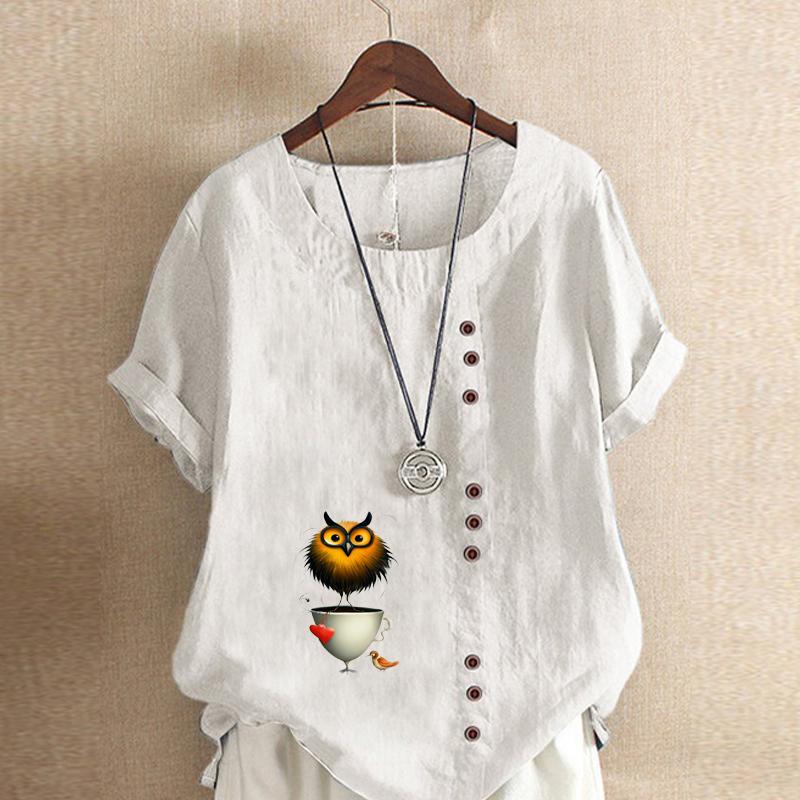 

Женская модная футболка с коротким рукавом и принтом в виде птицы из мультфильма, свободная хлопковая рубашка, повседневная свободная летняя блузка, топы больших размеров 5XL белый