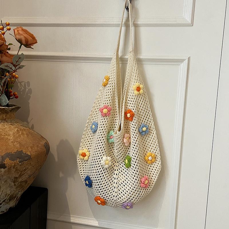 

Yogodlns Летняя плетеная сумка для通勤 для женщин, сумка под одну руку, модная сумка-тоут большой вместимости, пляжная цветочная ажурная сумка, сумка на плечо 40x2x30cm бежевый