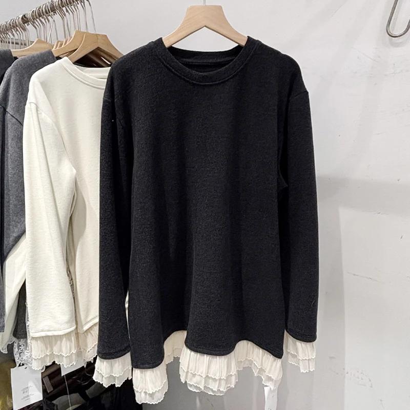 Pullovers Tops Women Long Sleeves Blouse Oversized Round Neck Loose Long Sleeve Shirt Slim Lace Pullover Tops