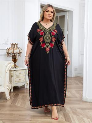 Oversized Embroidered Black Women Kaftan Robe Outfit Homewear Swimsuit Cover-up Bathrobe Beach Dress Casual Daily Wear Q1490