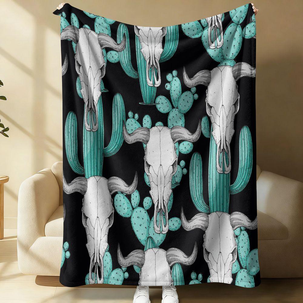 Western Desert Animal Skull Cactus Flannel Blanket Soft Cozy Throw Rug Bedspread Home Decor Birthday Gift Blanket 75X95CM