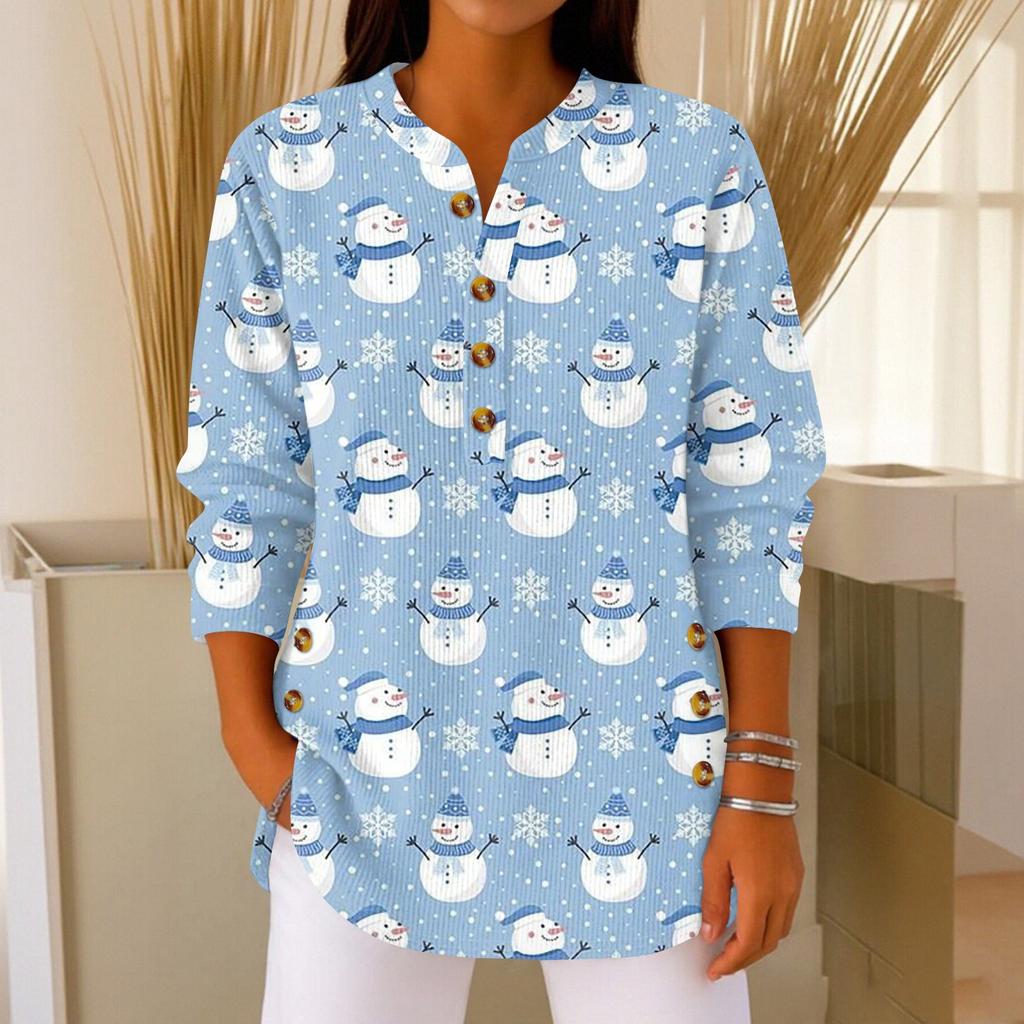 Women's Fashionable Button Collar Long-sleeved Christmas Print Pullover Top