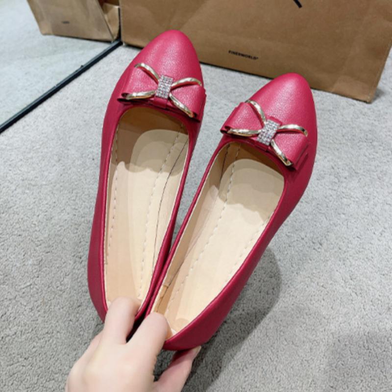 Korean Spring and Summer Fashion Women's Shoes Bowknot Bean Shallow Mouth Pointed Toe Low Heel Flat Bottom Rhinestone Single Shoes