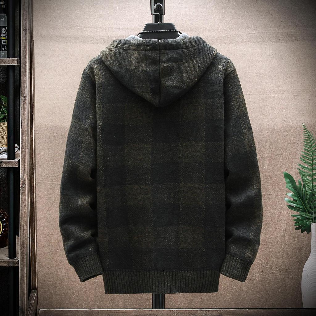 Men's Winter Plaid Sweater Hooded Cardigan Coat Fleece Warm Knit Jackets