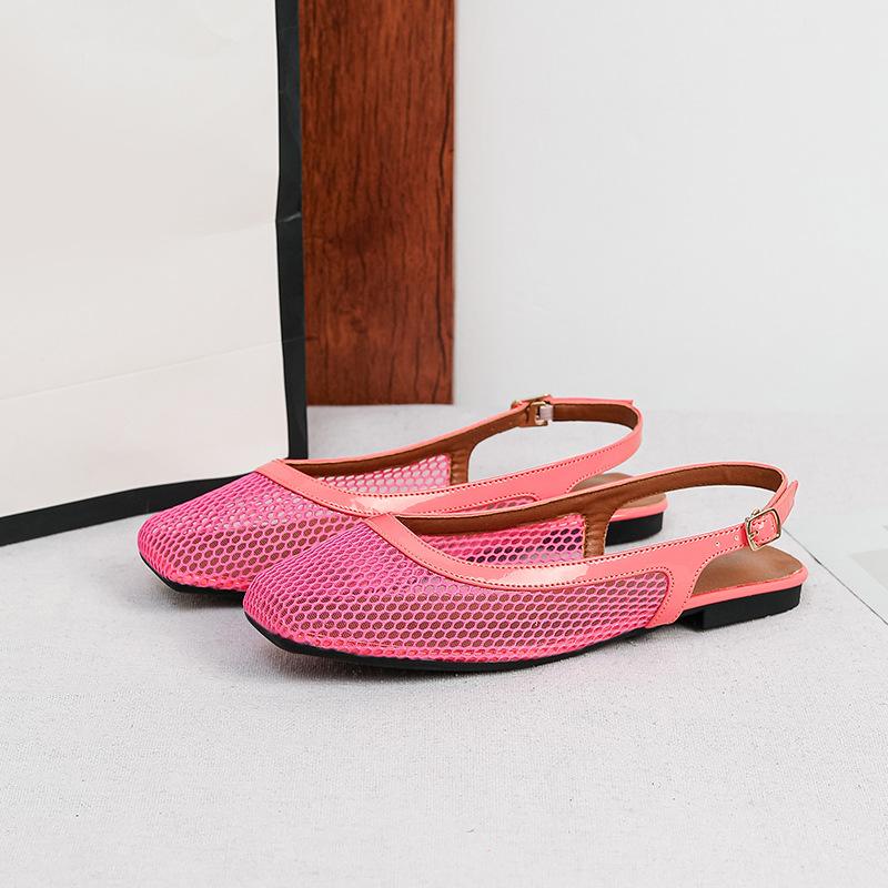 Mesh Slingback Flats for Women Summer Square Closed Toe Flats Slingback Sandals Women's Dress Shoes Adjustable Buckle Sandals Slip On Fishnet Mules