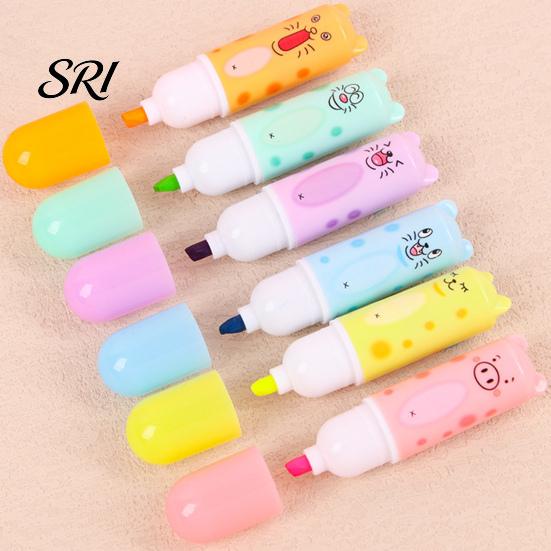 Non-dazzling Highlighter 6Pcs Chisel Tip Marker, Cute Marker Pen, Cartoon Macaron Colorful Study Markers No-Bleed Ink for Journaling, Planners,