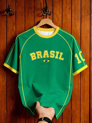 Vintage Brazil Football T-Shirt Green,Summer,Streetwear,Vacation,American BRASIL 10 Number Print Men's Women's Graphic Fashion Sports Tops