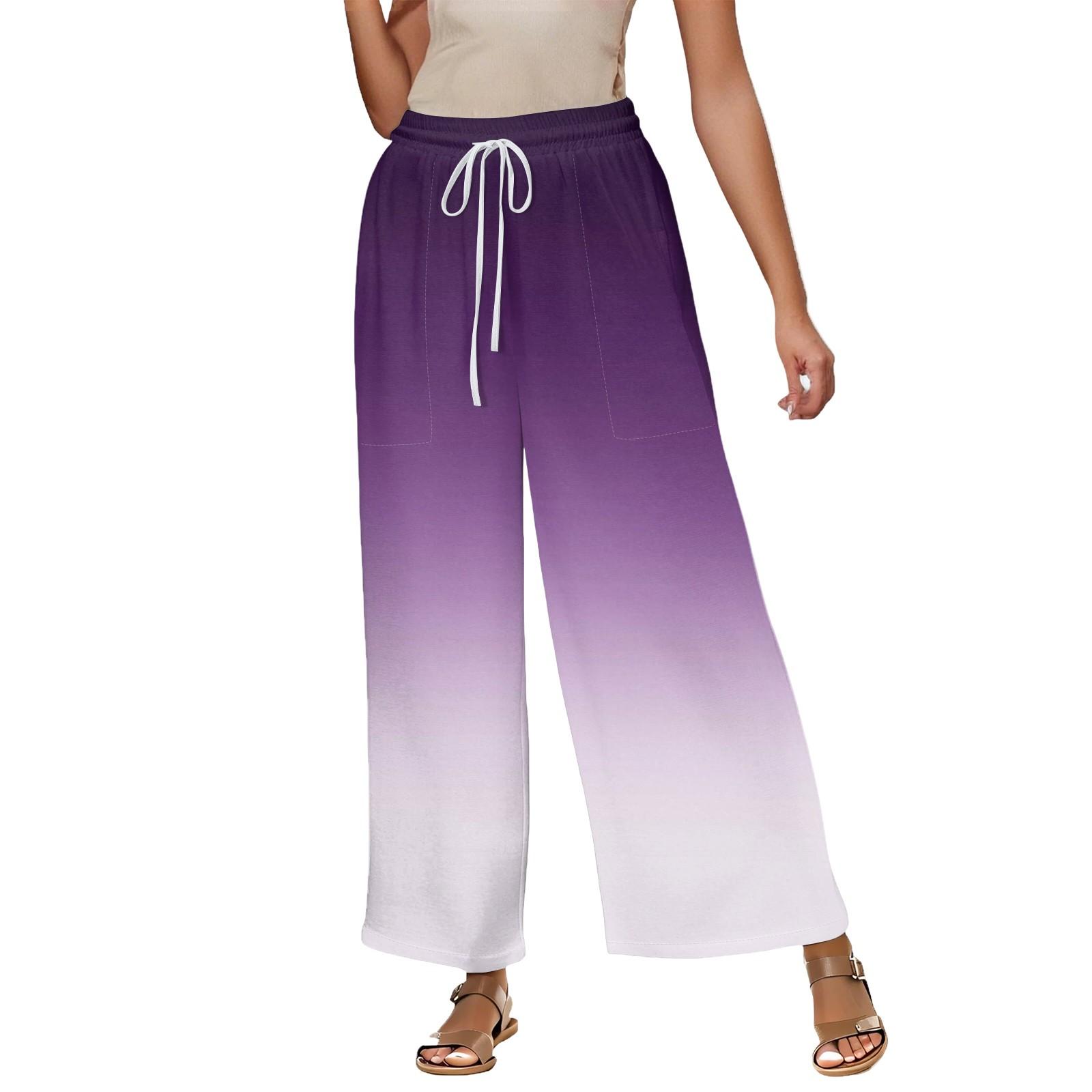

Women s Summer Elastic Waist Gradient Color Printing Cotton And Linen Loose Nine-point Pants XXL фіолетовий