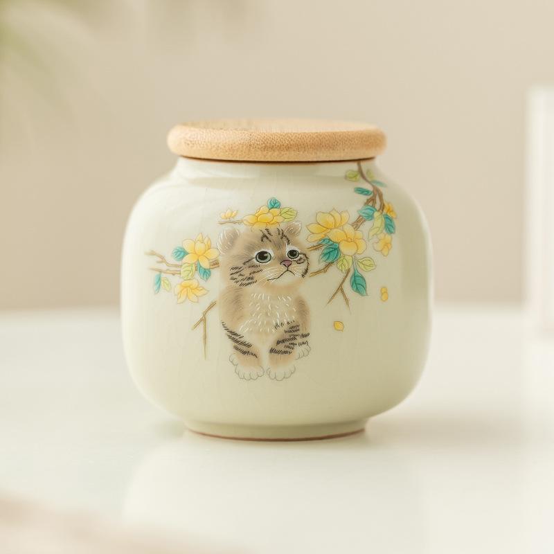 cute cat ceramic tea can small can portable car storage tea can moisture-proof sealed tea storage tank tea can
