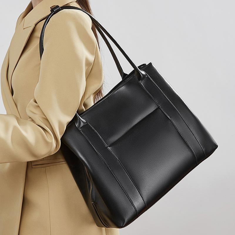 Large Capacity Fashionable Solid Color First Layer Cowhide Handbag Versatile Shoulder Underarm Bag Tote Bag