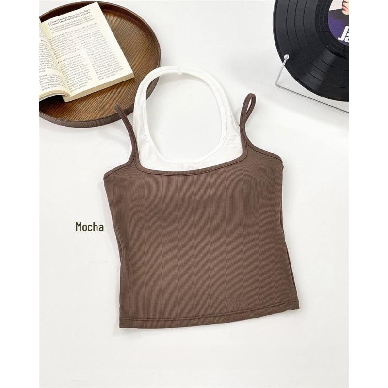 Fashionable Color Block Halterneck Slimming Retro T-Shirt Vest