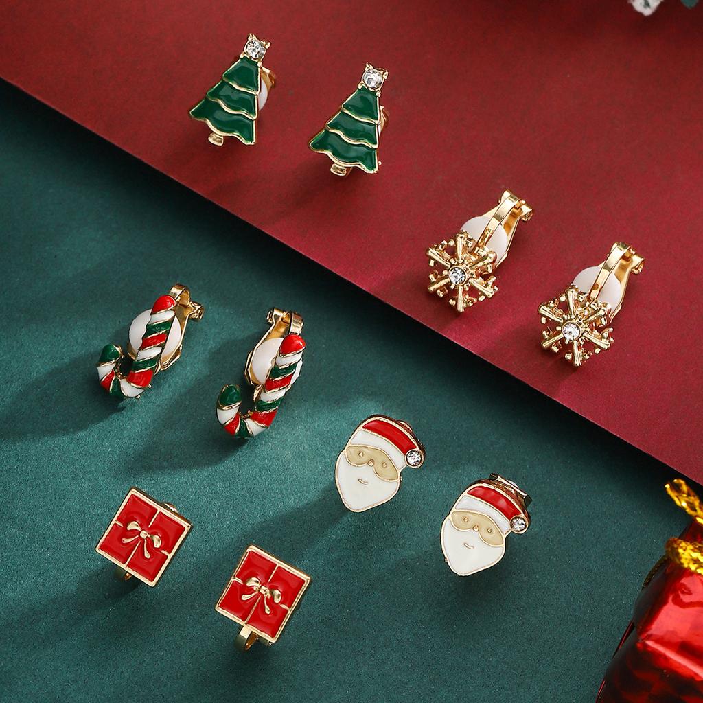 Hot Selling Cute Santa Claus Christmas Tree Ear Piercing Wearable Christmas Alloy Ear Clip Set