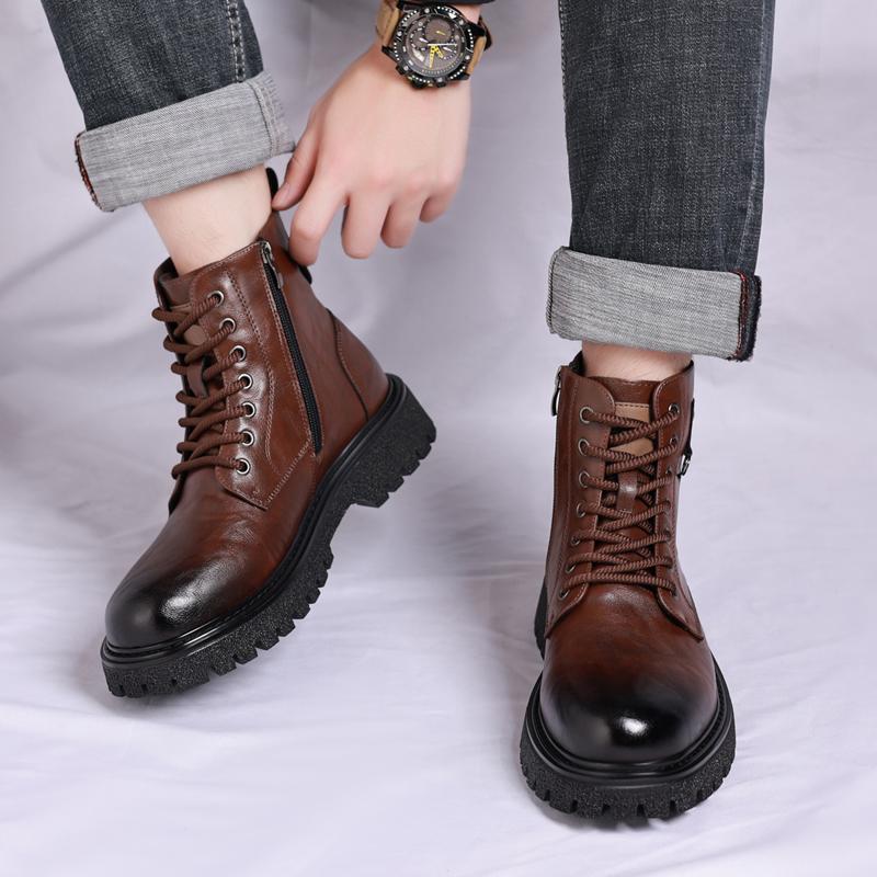 Fashion Casual Thick Soled Men's Boots Classic British Design Style Daily Office Outdoor Street Motorcycle Brown Genuine Leather Shoes