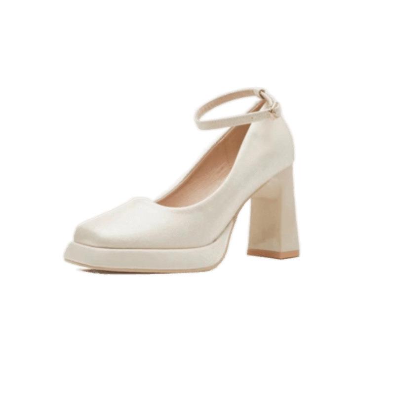 Off-White Satin Platform Mary Jane Heels with Square Toe for Spring/Summer Weddings