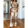 Bohemian Print Cotton and Linen Shirt Long-sleeved Wide-leg Pants Two-piece Set V-neck Vacation Loose Casual Suit Women