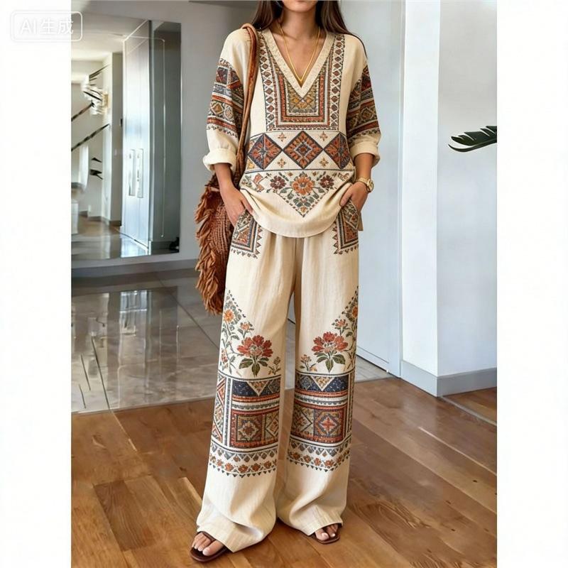 Bohemian Print Cotton and Linen Shirt Long-sleeved Wide-leg Pants Two-piece Set V-neck Vacation Loose Casual Suit Women