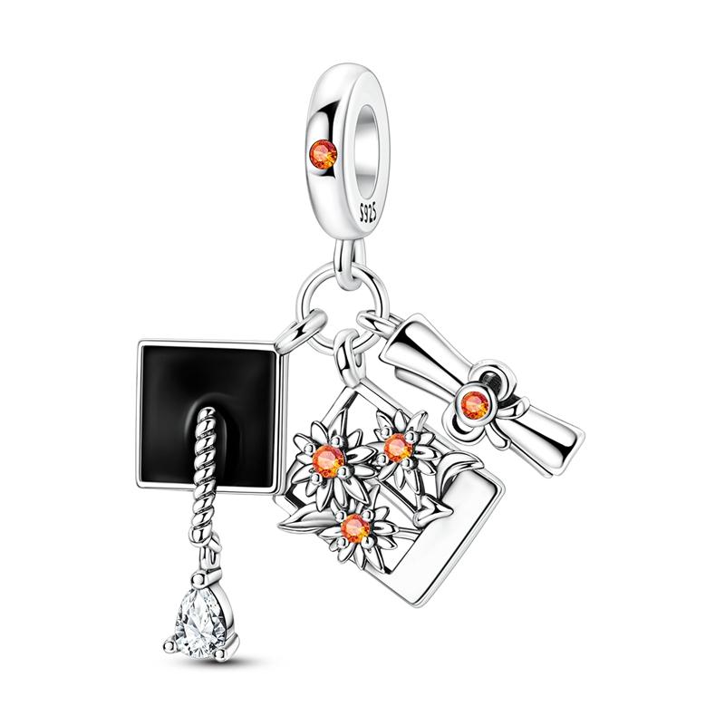 Charms 925 Silver Happy Graduation Series Bachelor's Cap Floral Charm Beaded Pendant Fit Bracelet Necklace Jewelry Gift