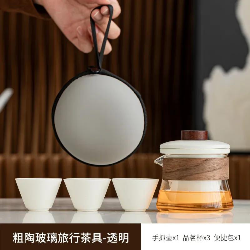Exquisite Ceramic Outdoor Travel Tea Set One Pot Three Cups Storage Bag Set Portable Tea Pot and Cup Set Zen Tea Infuser