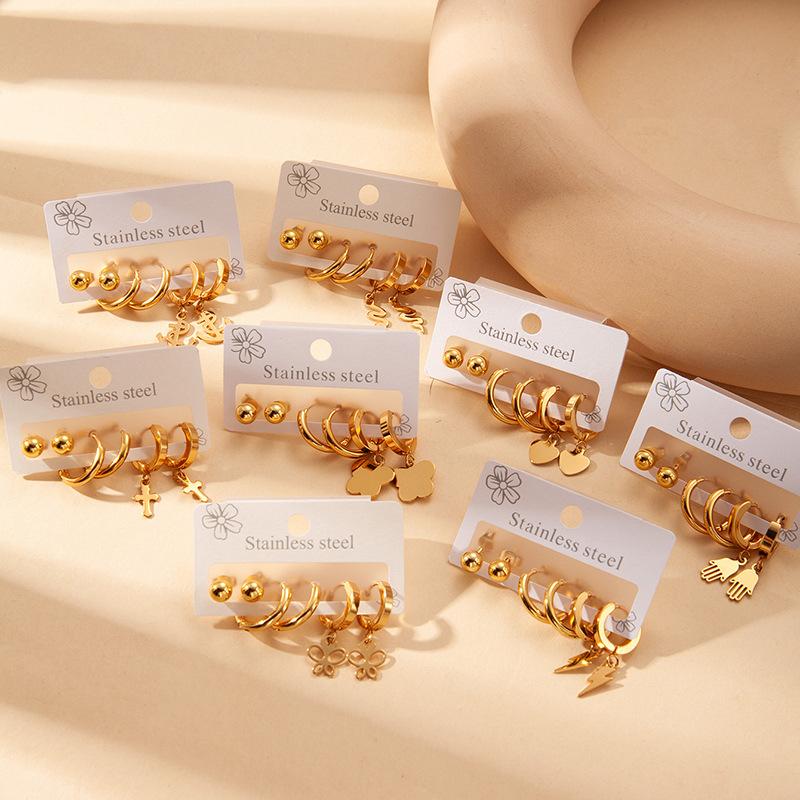 High Quality Silver Drop Earrings Set Three Pairs One Card. Unisex Flower Shape Party Wear Fading Resistant Bean Earrings