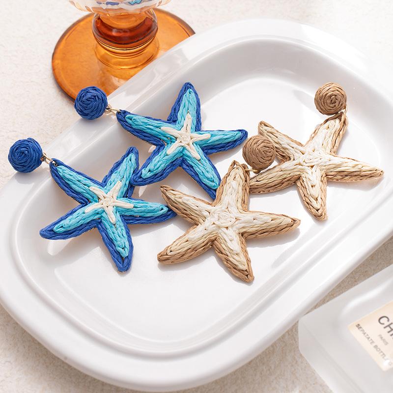 Lafite Hand-Woven Gradual Change Starfish Earrings Female Color Dopamine Exaggerated Stud Earrings Travel Vacation Wind Earrings