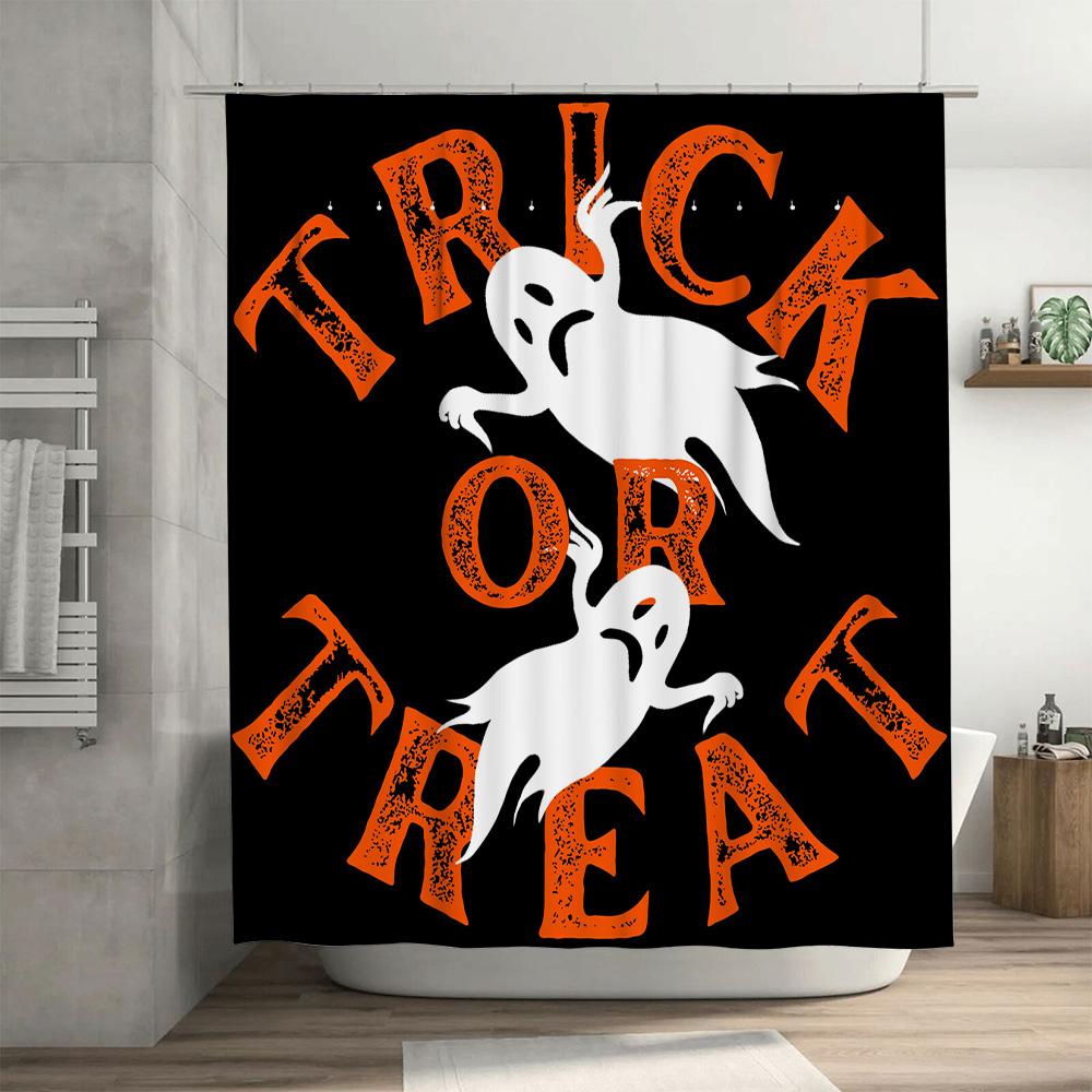 Spooky Halloween Ghosts Trick or Treat Shower Curtain Black Orange Decorative Waterproof Bath Rug Set for Kids Home Decoration