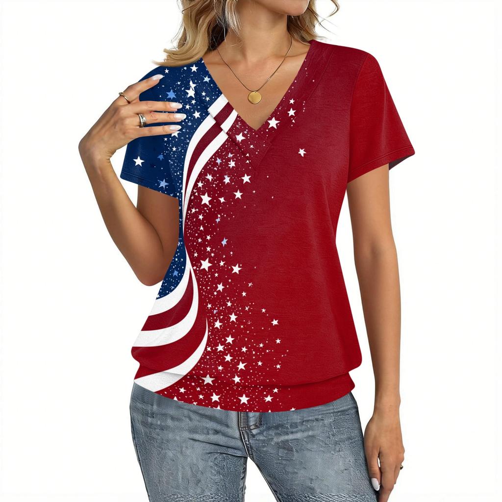Women's Casual Short Sleeve V Neck Top with Independence Day Flag Print Lightweight Comfortable Summer Shirt for Daily Wear