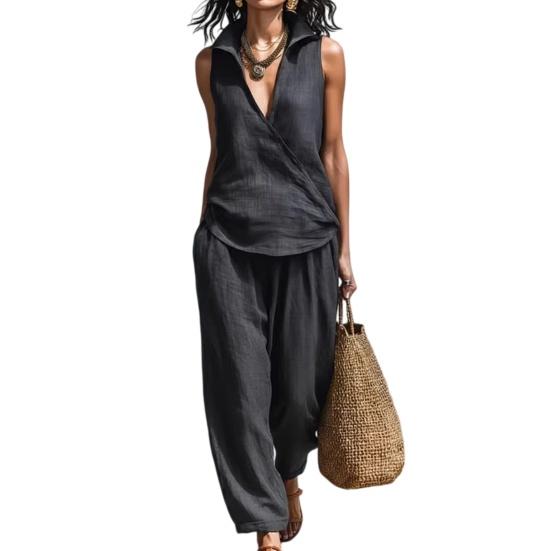 

Women s Two Piece Suits Casual Solid Color Cloth Set Loose Fit Polyester Fiber Lightweight Comfortable Outfit for Spring Summer Autumn Daily Wear XXL чёрный