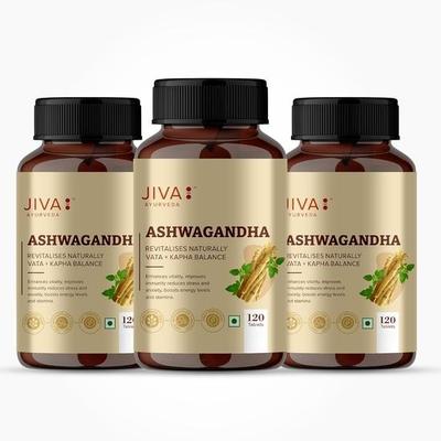 Jiva Ashwagandha 120*3 Compresse Con Triphala 60 Compresse Gratuite | Formulazione 100% Ayurvedica Aumenta Immunità e Stamina(Confezione da 3+1)