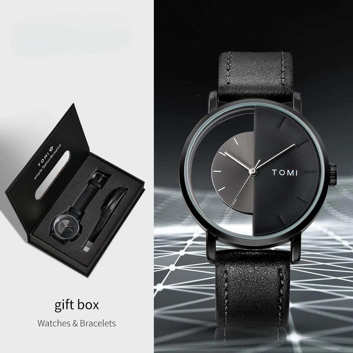 New 2PCS Men s Gift Box Watch Bracelet Minimalist Business Hollow Round dial Men s Quartz Watch Bracelet Clock Gift Reloj