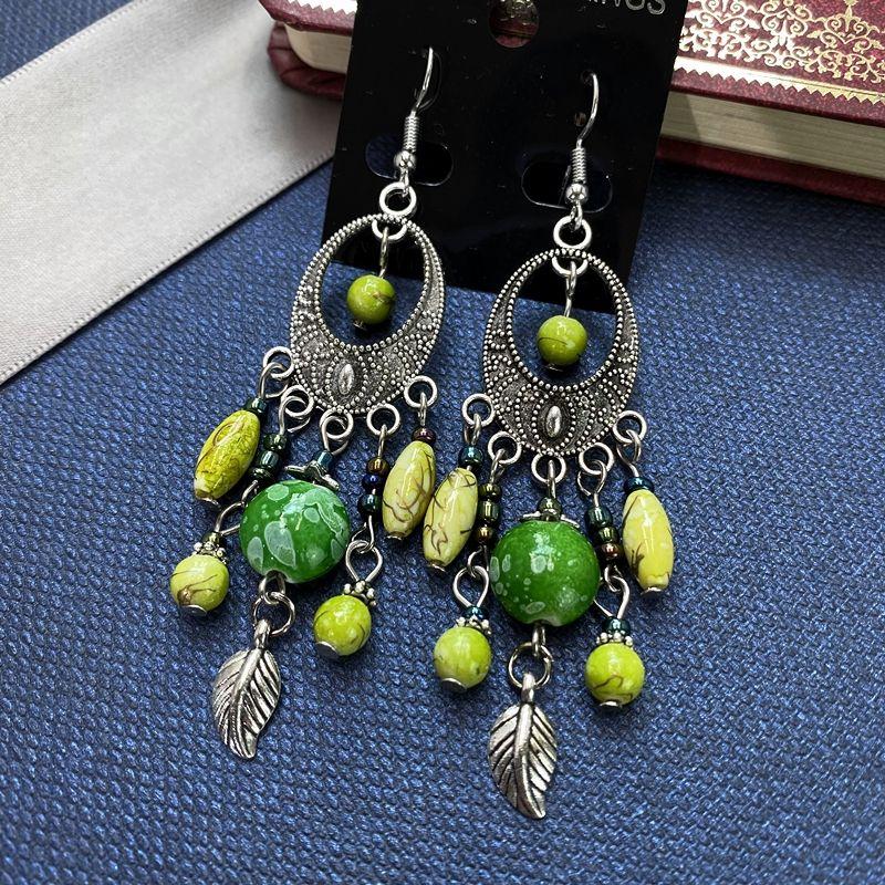 

Fashion Ornament Face Slimming Long Tassel Earrings Antique Silver Goddess (dark green)