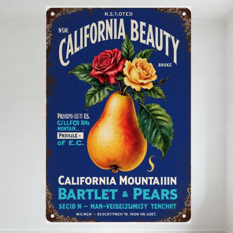 

Vintage California Beauty Bartlet Pear Metal Tin Sign with Roses, Floral & Typographic Details - Rustic Aged Style for Man Cave, 20x30cm（7.8x11.8inch）