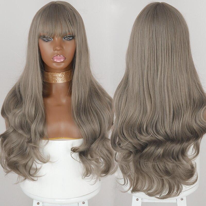 MISS WIG Synthetic Long Wavy Hair Wigs with Bangs For Women Heat Resistant Fiber Black Brown Cosplay Party Synthetic Hair Wig