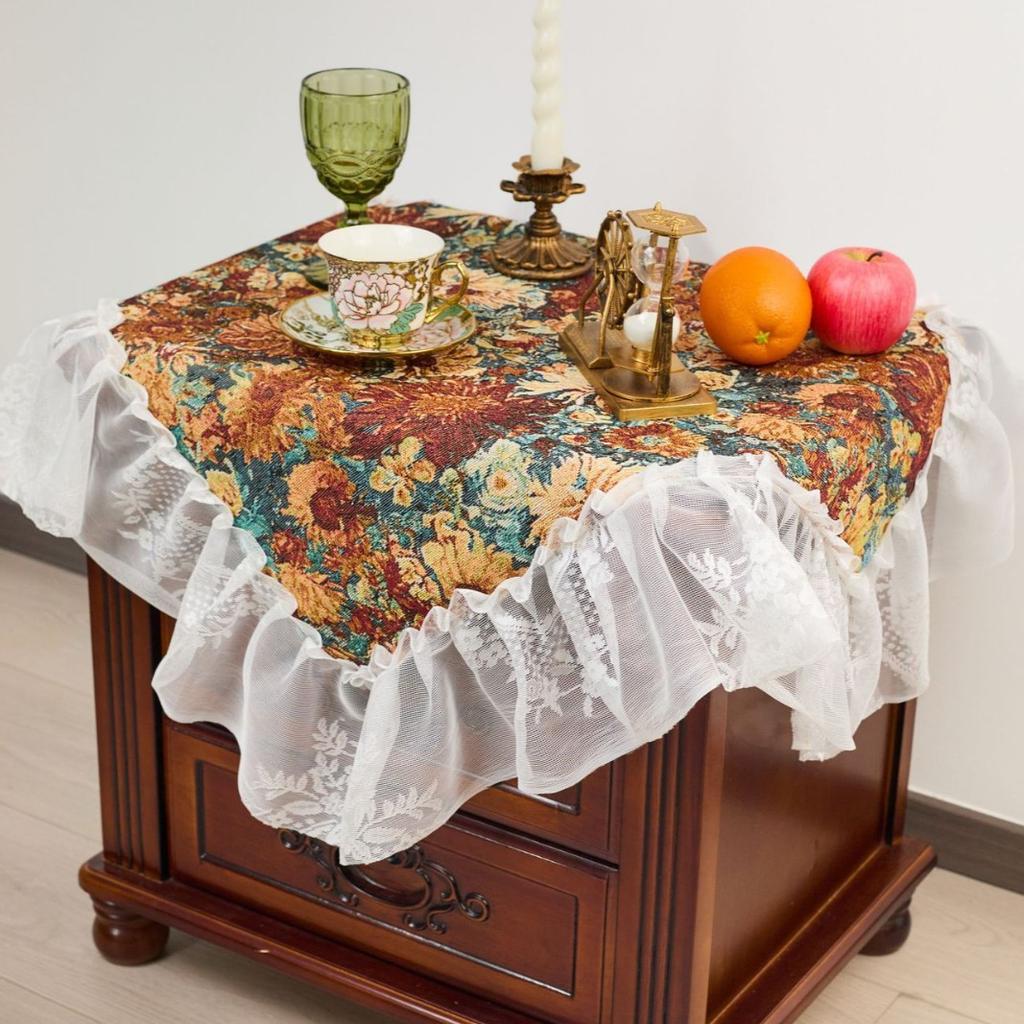 French Flower Oil Painting Ruffle Tablecloth, Rectangle Dust-proof Cover For Tea Table Wedding Dining Room Decor