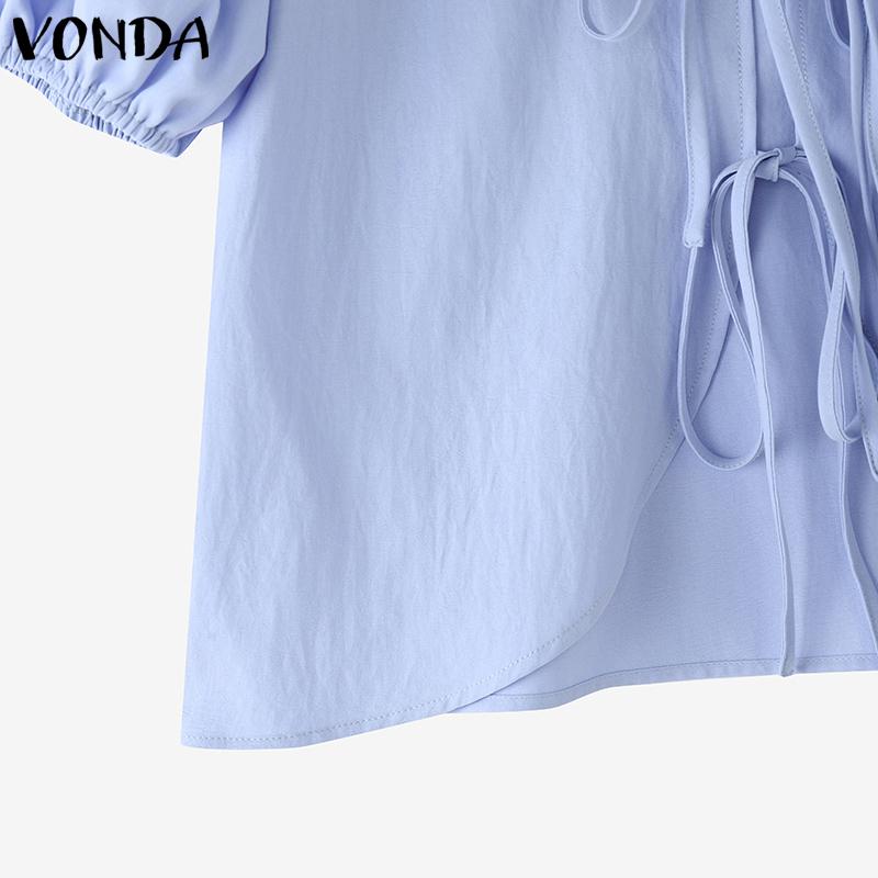 VONDA Women Summer Doll Collar Short Sleeve Bow Knot Splits Casual Cute Blouse
