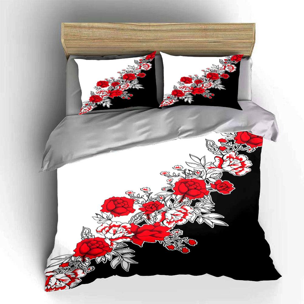 Red Flowers with Black-and-white Background Bedding Set for Kids Luxury Gift 3pcs Digital Print Comforter Set Soft Comfortable