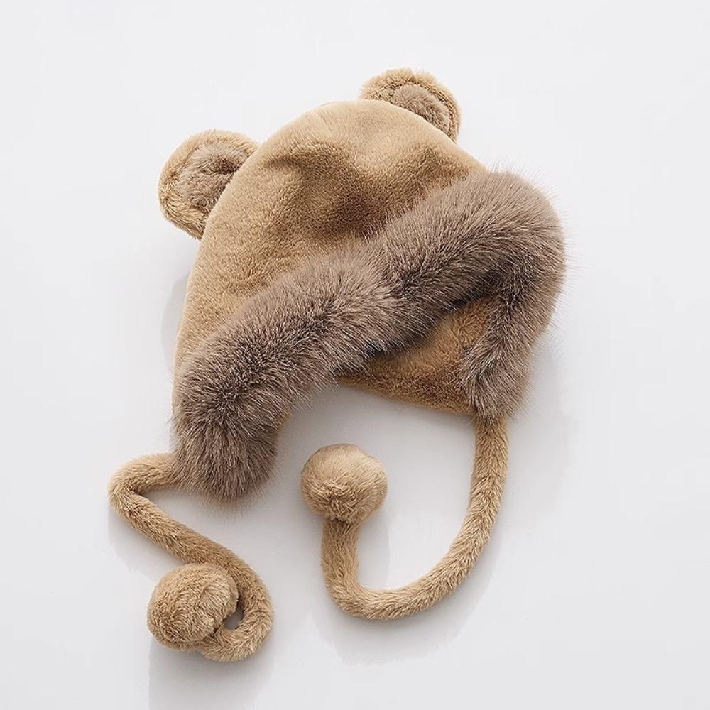 Warm Winter Hat Pompom Fluffy Skull Cap Stylish Bear Ears Hat  for Women