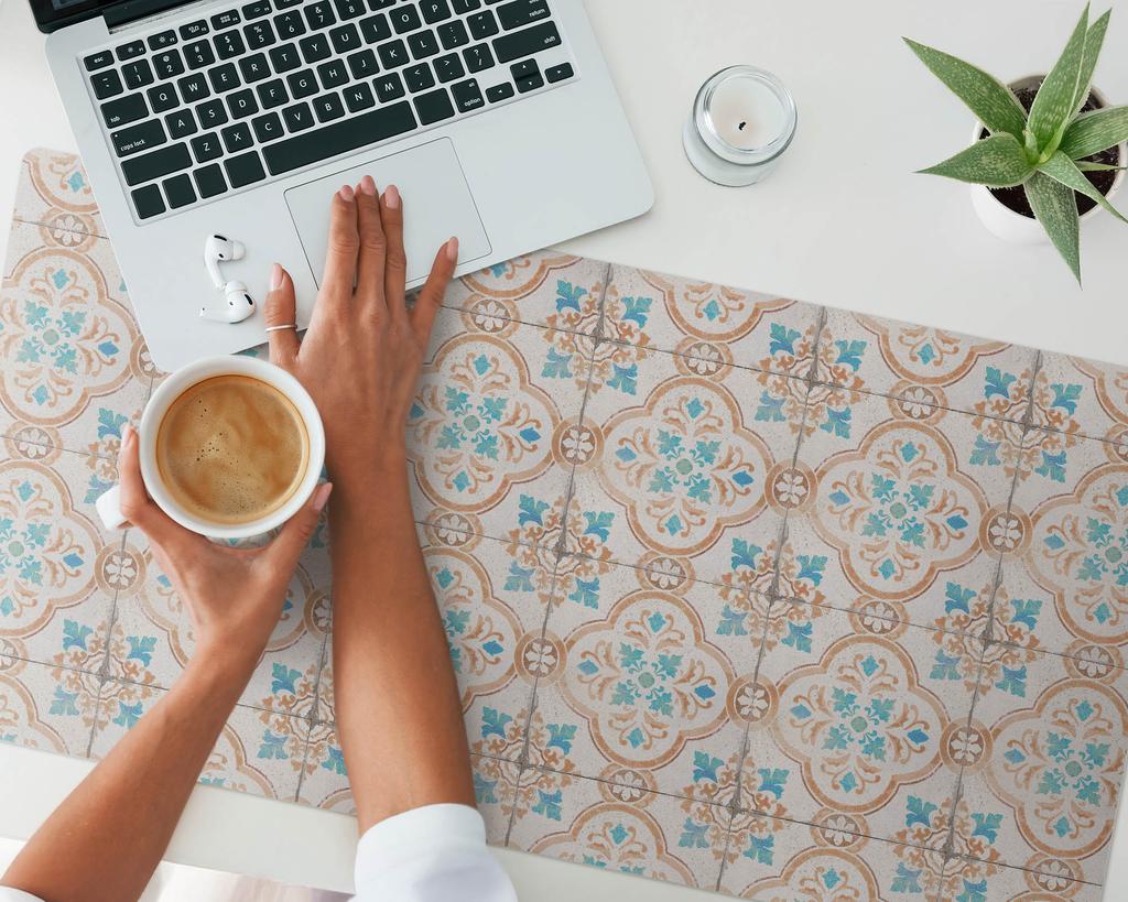 Protective Desk Pad with Graphics Tiled Retro Ornament 100x50 Cm