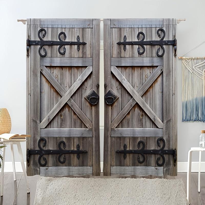 2 Panels Vintage Wooden Door Pattern Printed Curtains for Living Room Bedroom,Translucent Light Filter Fashionable Home Decor