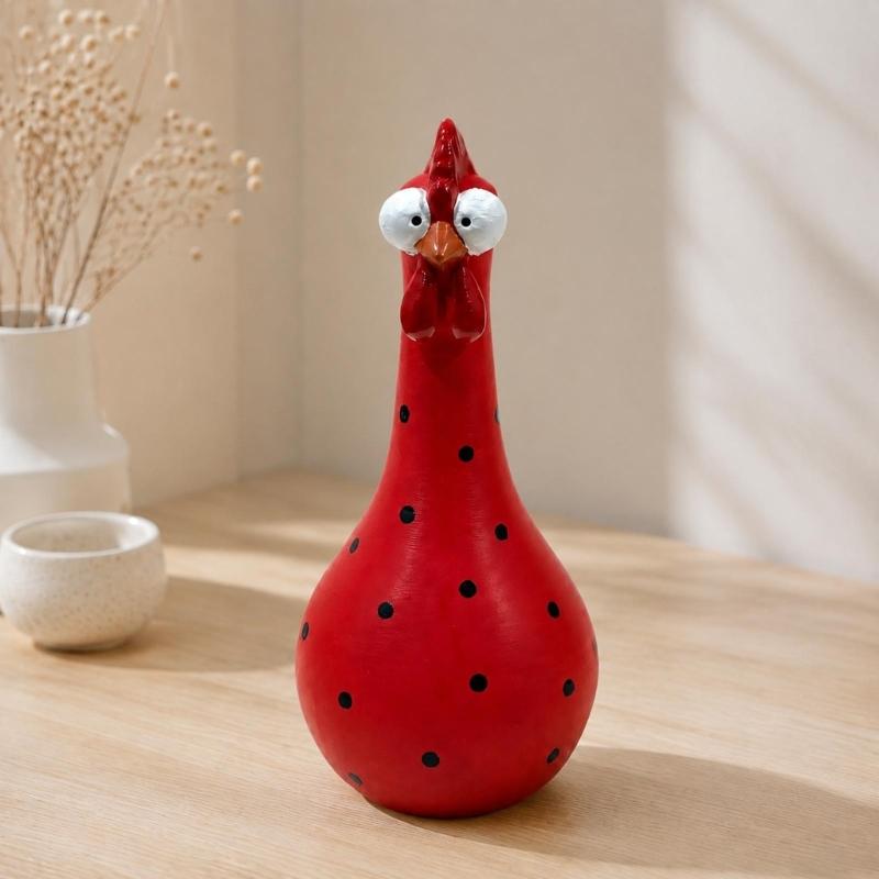 Chicken Flower Vessel with Rounded Body, Contrasting Dot Pattern, and Long Neck for Faux Florals, Office Desks, and Studies