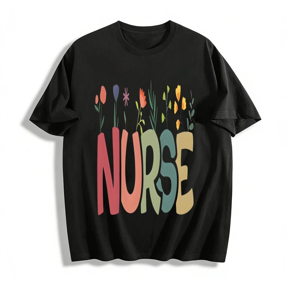 

Floral NURSE Print Casual Top For Nurse Appreciation Gift Pure cotton T-shirt XXS