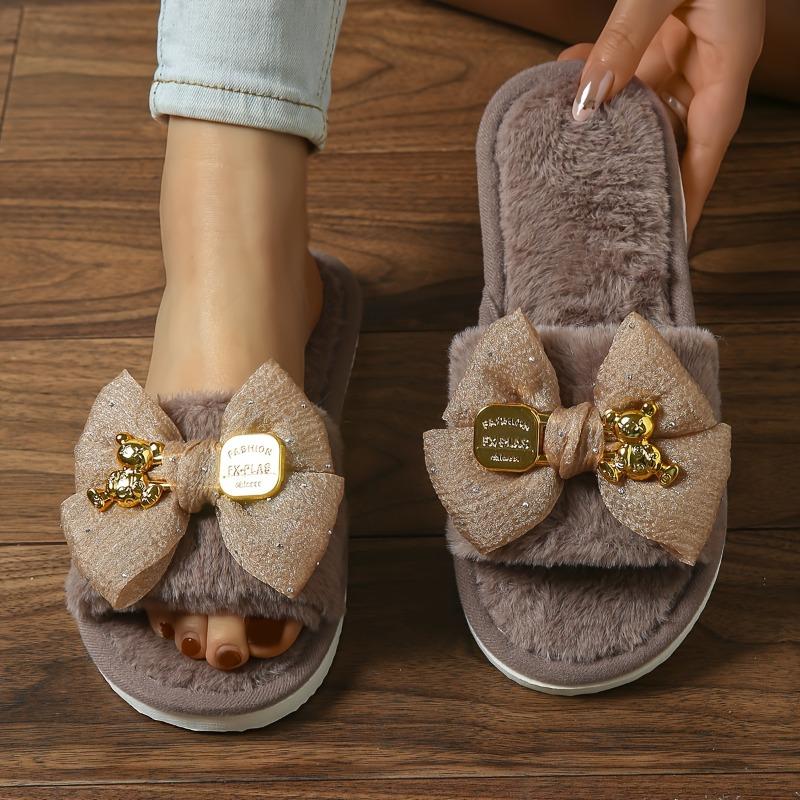 Women'S Elegant Pink Satin Bow Bear Decorative Plush Home Slippers - Stylish, Comfortable, and Stylish Flat Sandals for Indoor and Outdoor Use