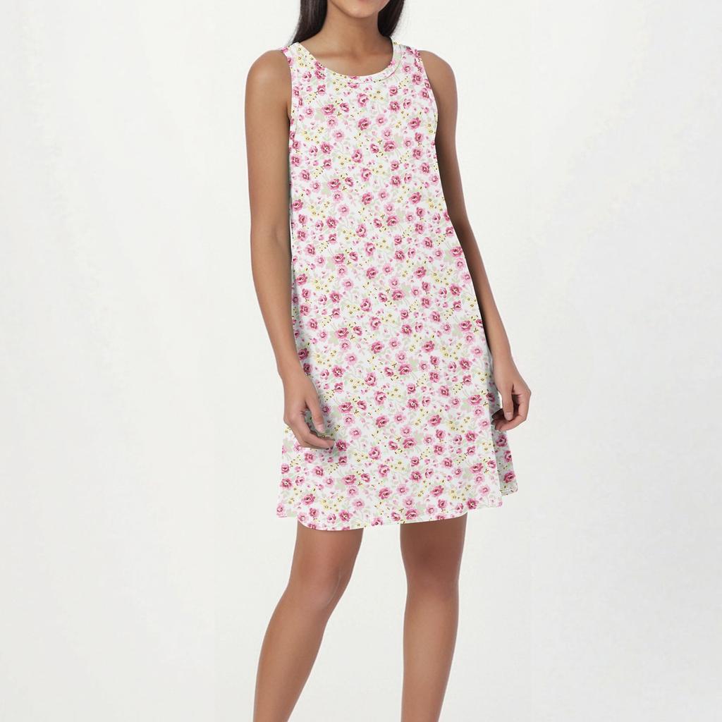 Women's Fashion Beach Dress Sleeveless Round Neck Floral Print Dress