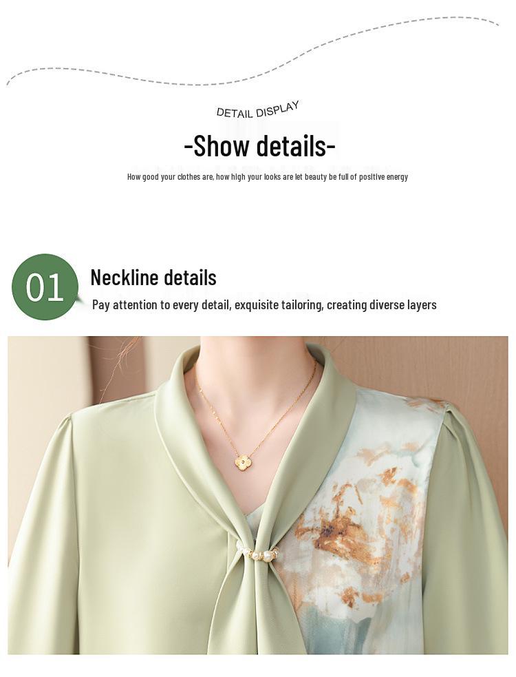 Fashionable Spring V-Neck Tie Shirt for Middle-Aged Women, Long-Sleeve Printed Top