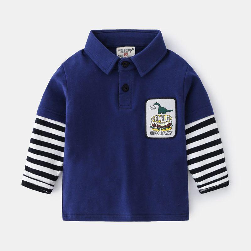 Boys' Fake Two-Piece Tops, Spring and Autumn Children's Clothing, Kids' Polo Shirts, Dinosaur Long-Sleeve T-Shirts, Baby Boys' Collared Shirts