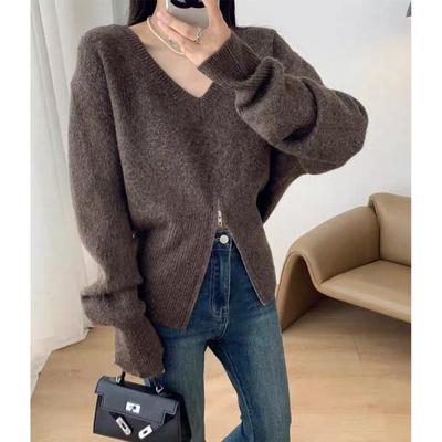 V-neck Zipper Split Design Short Pullover Sweater Women's Autumn and Winter Simple Loose Lazy Relaxed Knitted Sweater