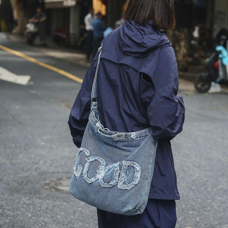 Denim Bag Women's Vintage Wash Denim Letter Casual Crossbody Bag Fashion Student Canvas Shoulder Bag