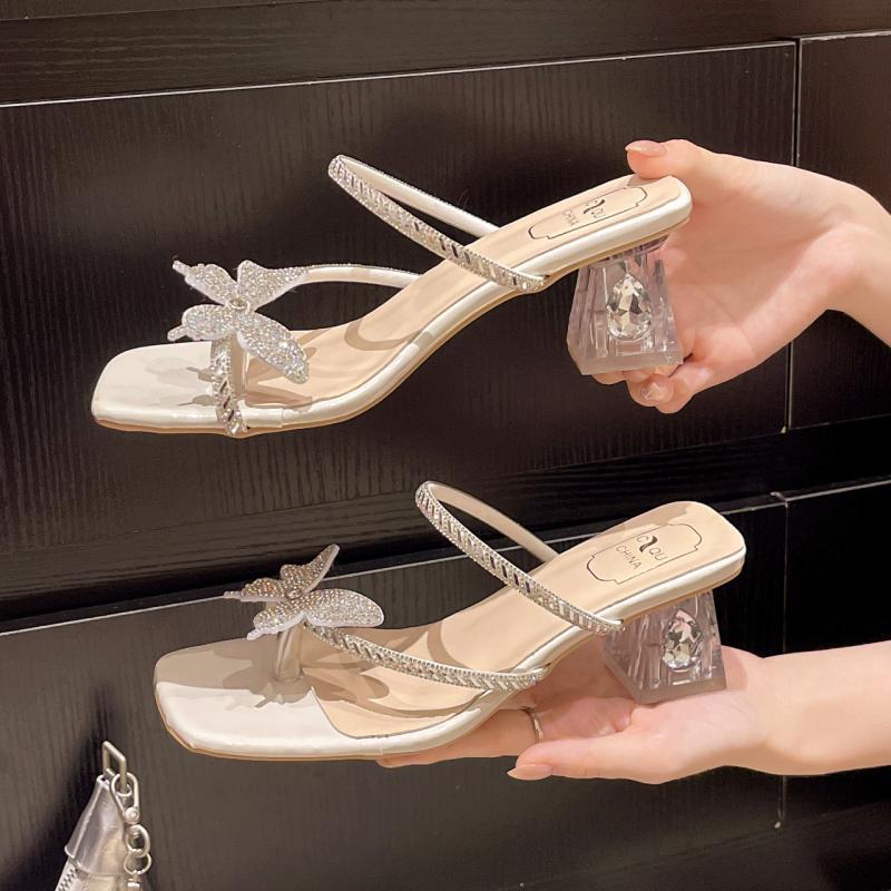 Fashion Luxury Glitter Butterfly Decoration Slip On Sandals Women 2025 Summer Square Toe Medium Heel Slides Fashion Clear Heel Slippers