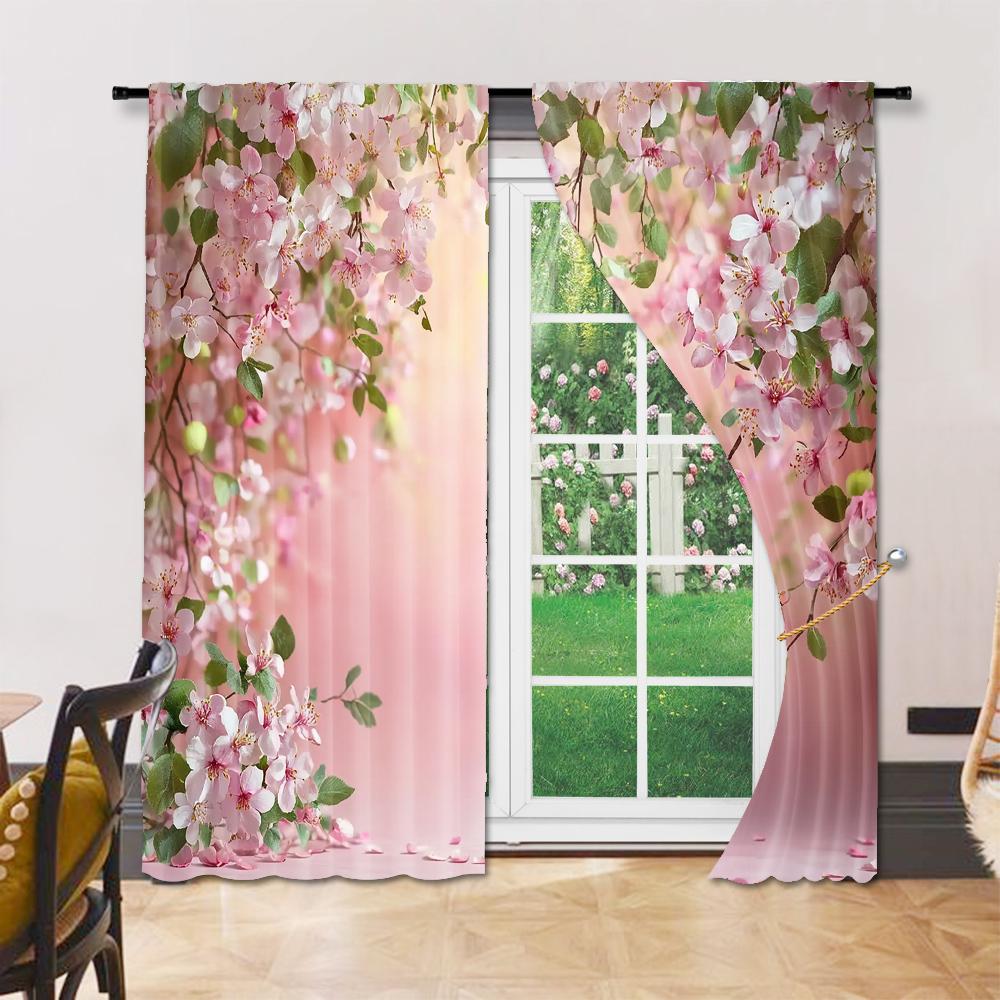 2 Pcs, Versatile Polyester Transparent Curtains for Home Decoration Spring Pink Floral for Use In Bedrooms and Living Rooms