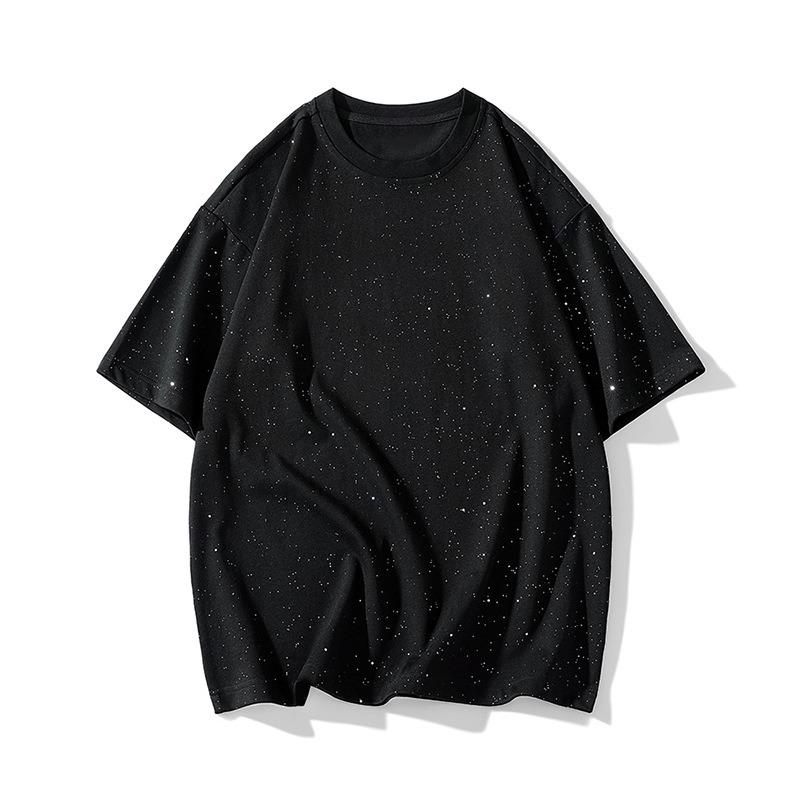 Gładki T-shirt z krótkim rękawem z czystej bawełny z okrągłym dekoltem, luźny, błyszczący, czarno-biały, cekinowy